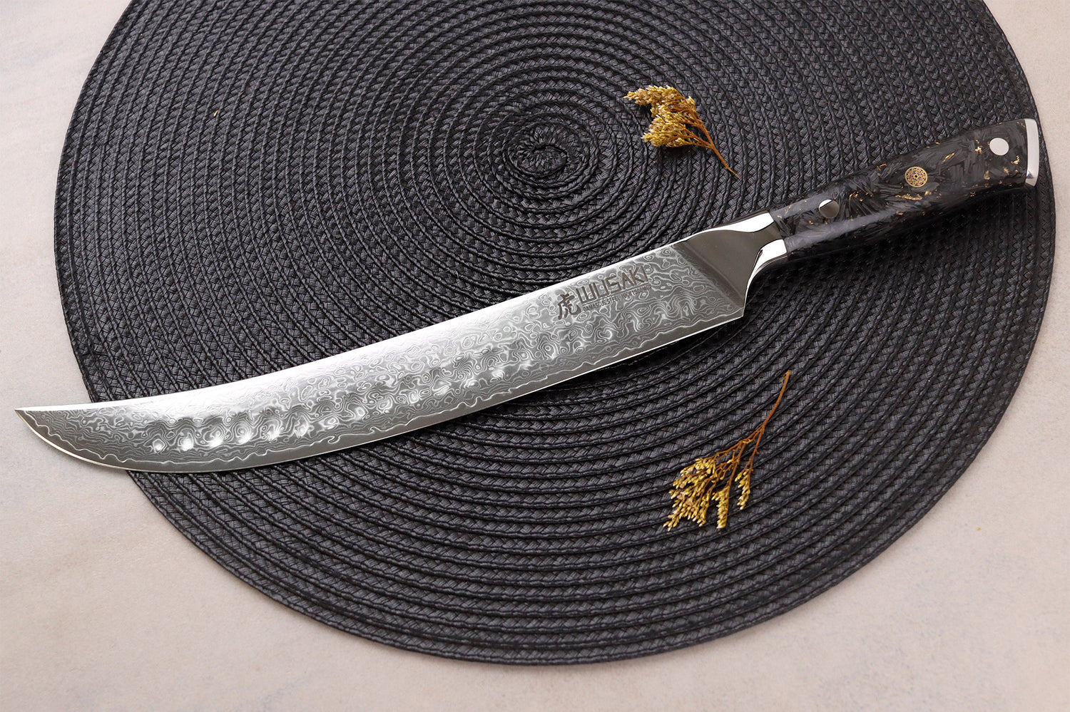Couteau à découper Wusaki Sakin Damas 10Cr 25cm manche en fibre de carbone et feuille d'or
