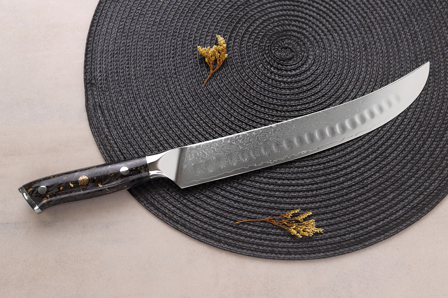 Couteau à découper Wusaki Sakin Damas 10Cr 25cm manche en fibre de carbone et feuille d'or