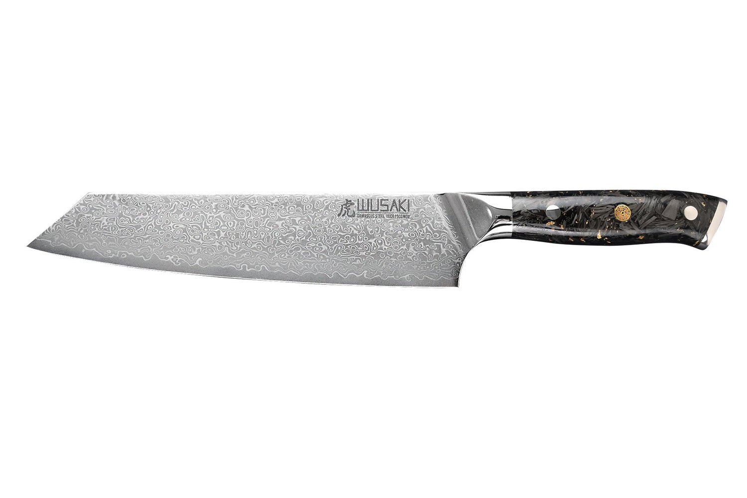 Couteau kiritsuke Wusaki Sakin Damas 10Cr 20cm manche en fibre de carbone et feuille d'or
