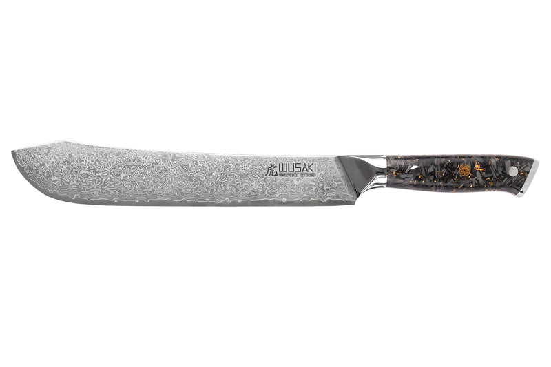 Couteau de boucher Wusaki Sakin Damas 10Cr 22cm manche en fibre de carbone et feuille d'or