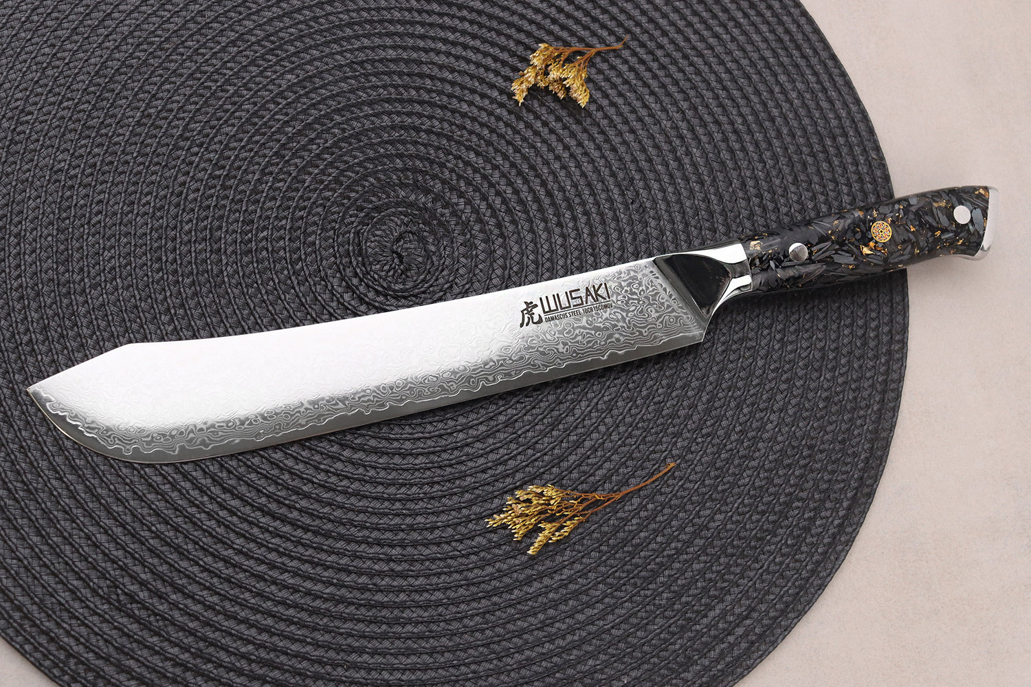 Couteau de boucher Wusaki Sakin Damas 10Cr 22cm manche en fibre de carbone et feuille d'or