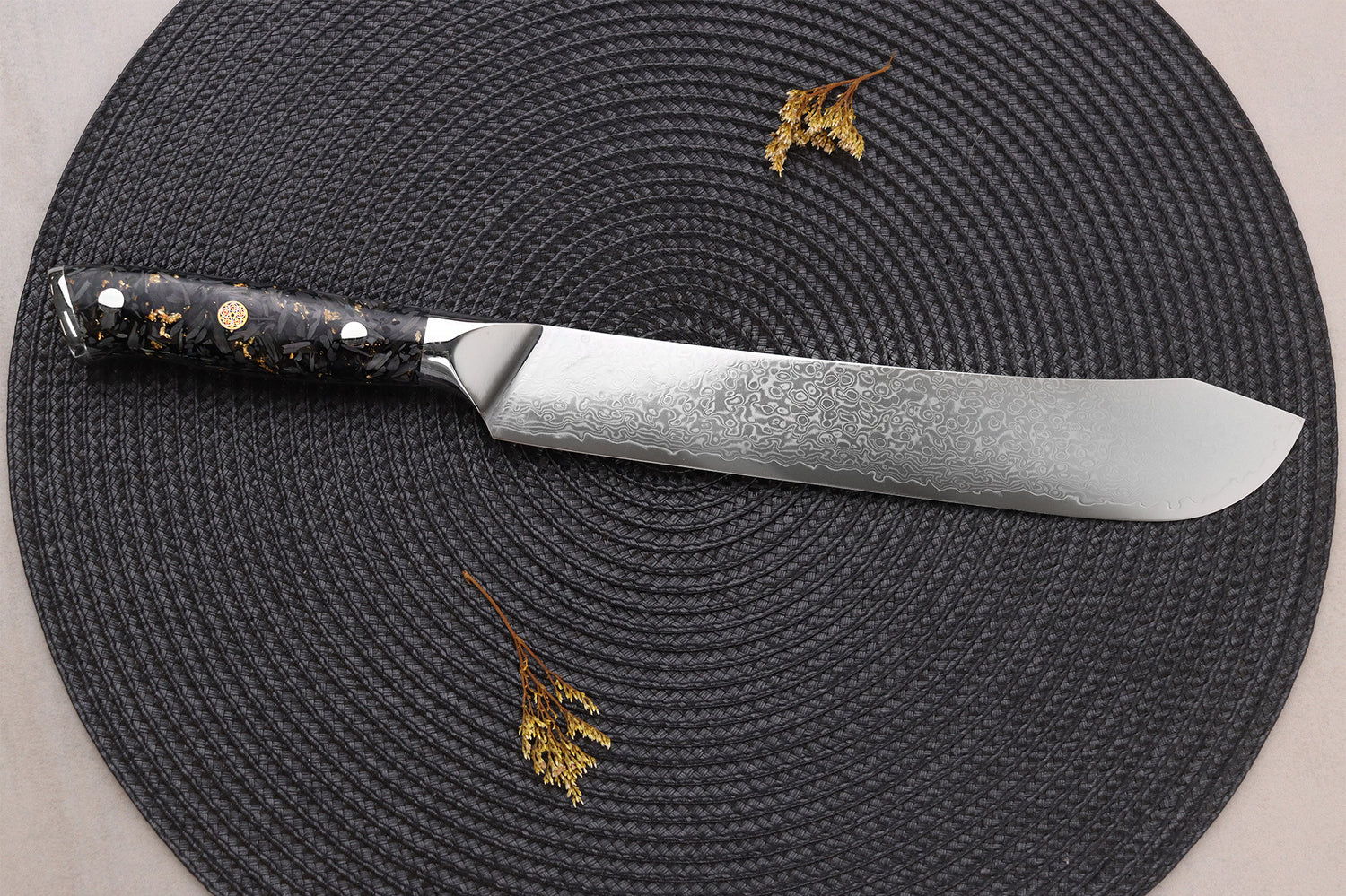 Couteau de boucher Wusaki Sakin Damas 10Cr 22cm manche en fibre de carbone et feuille d'or