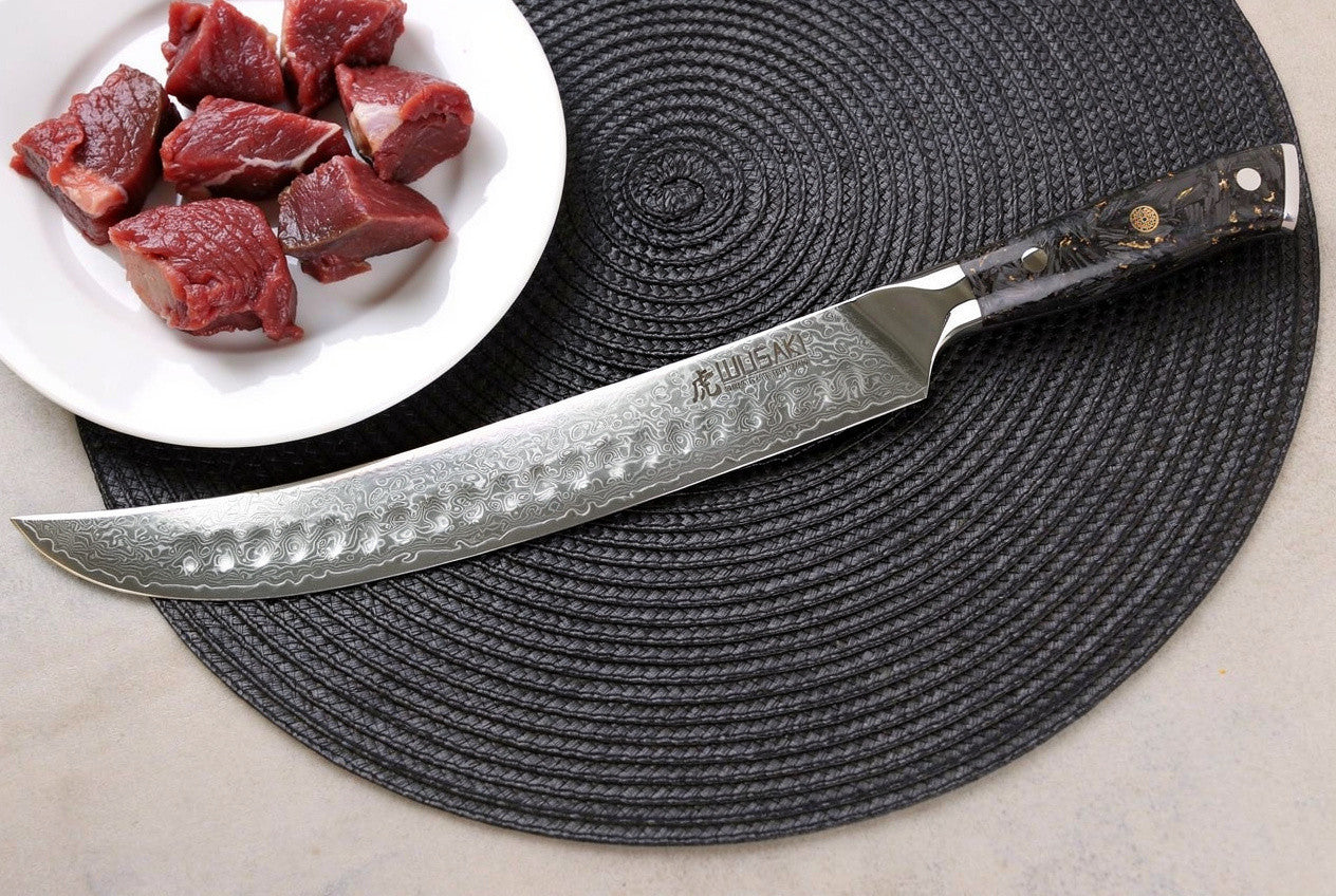 Couteau à découper Wusaki Sakin Damas 10Cr 25cm manche en fibre de carbone et feuille d'or