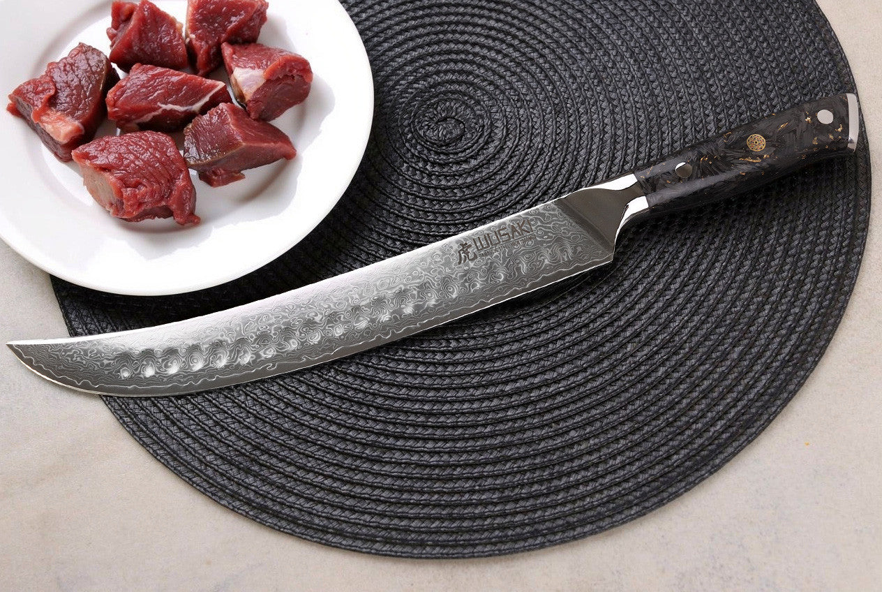 Couteau à découper Wusaki Sakin Damas 10Cr 25cm manche en fibre de carbone et feuille d'or