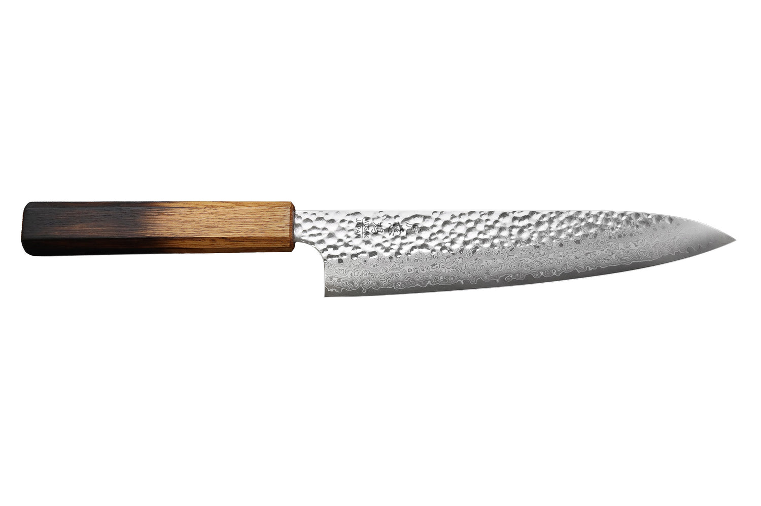 Couteau de chef 20cm japonais artisanal Wusaki Yaketa VG10 damas chêne brûlé