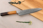 Couteau de chef 20cm japonais artisanal Wusaki Yaketa VG10 damas chêne brûlé