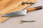 Couteau de chef 20cm japonais artisanal Wusaki Yaketa VG10 damas chêne brûlé