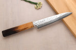 Couteau universel 15cm japonais artisanal Wusaki Yaketa VG10 damas chêne brûlé