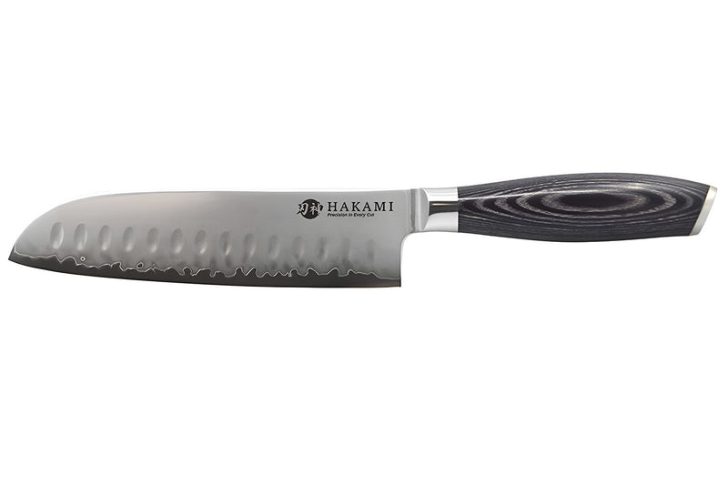 Couteau santoku alvéolé 18cm Hakami Ajisai lame San Maï manche pakkawood noir et gris
