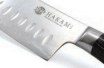 Couteau santoku alvéolé 18cm Hakami Ajisai lame San Maï manche pakkawood noir et gris