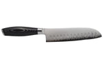 Couteau santoku alvéolé 18cm Hakami Ajisai lame San Maï manche pakkawood noir et gris
