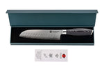 Couteau santoku alvéolé 18cm Hakami Ajisai lame San Maï manche pakkawood noir et gris