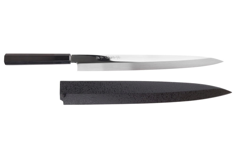 Couteau fuguhiki 33cm Sakai Takayuki BS2 Honyaki poli miroir en ébène et saya en magnolia noir