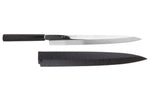 Couteau fuguhiki 33cm Sakai Takayuki BS2 Honyaki poli miroir en ébène et saya en magnolia noir