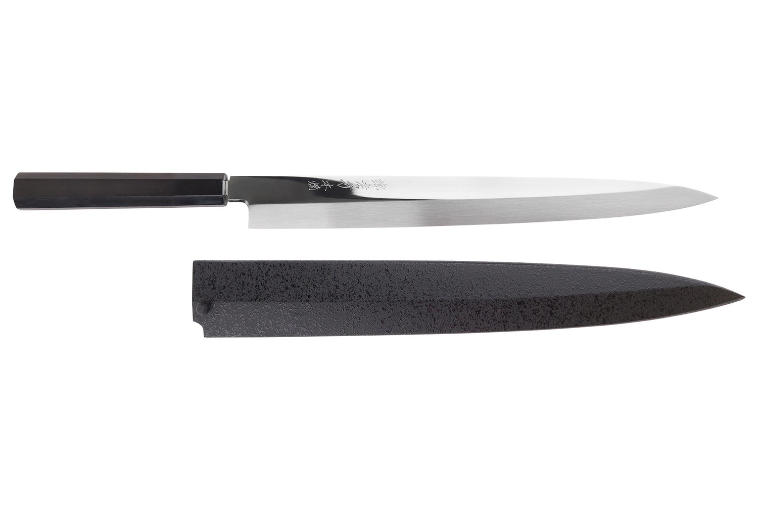 Couteau fuguhiki 33cm Sakai Takayuki BS2 Honyaki poli miroir en ébène et saya en magnolia noir