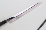 Couteau fuguhiki 33cm Sakai Takayuki BS2 Honyaki poli miroir en ébène et saya en magnolia noir