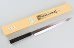 Couteau fuguhiki 33cm Sakai Takayuki BS2 Honyaki poli miroir en ébène et saya en magnolia noir