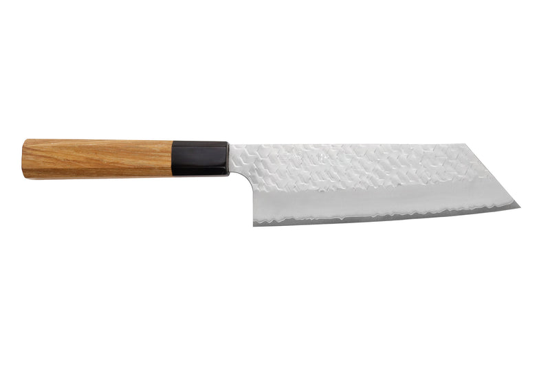 Couteau nakiri kiritsuke 17cm japonais artisanal Nigara Hamono Migaki Tsuchime SG2 teck