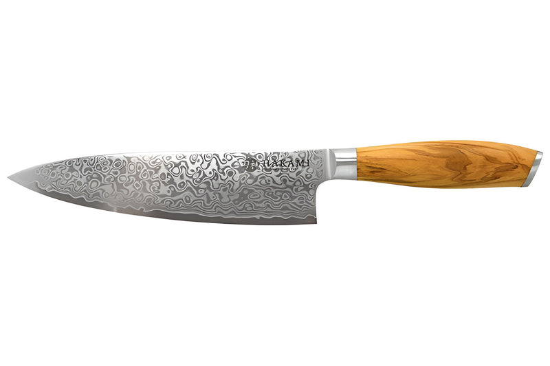 Couteau de chef 20cm Hakami Tsubaki lame damas manche en olivier