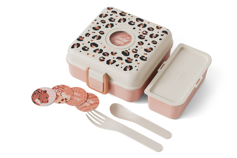 Boîte à sandwich enfant Monbento Snacky avec couverts rose léopard