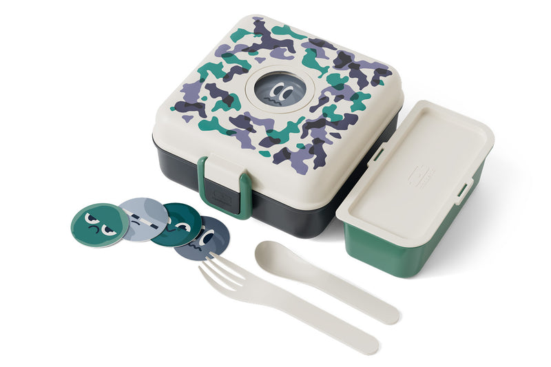 Boîte à sandwich enfant Monbento Snacky avec couverts bleu camo