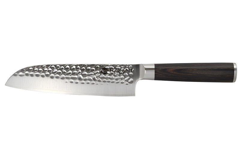 Couteau santoku 18cm Hakami Sakura lame martelée et manche pakkawood marron