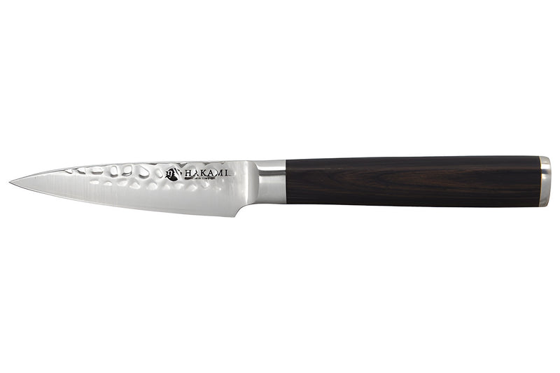 Couteau d'office 9cm Hakami Sakura lame martelée et manche pakkawood marron
