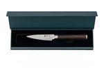 Couteau d'office 9cm Hakami Sakura lame martelée et manche pakkawood marron