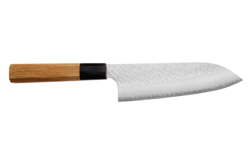 Couteau santoku 17cm japonais artisanal Nigara Hamono Migaki Tsuchime SG2 teck