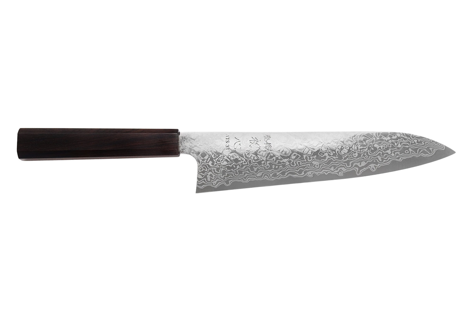 Couteau de chef 21cm japonais artisanal Hatsukokoro Ginga ATS-34 Damas ébène