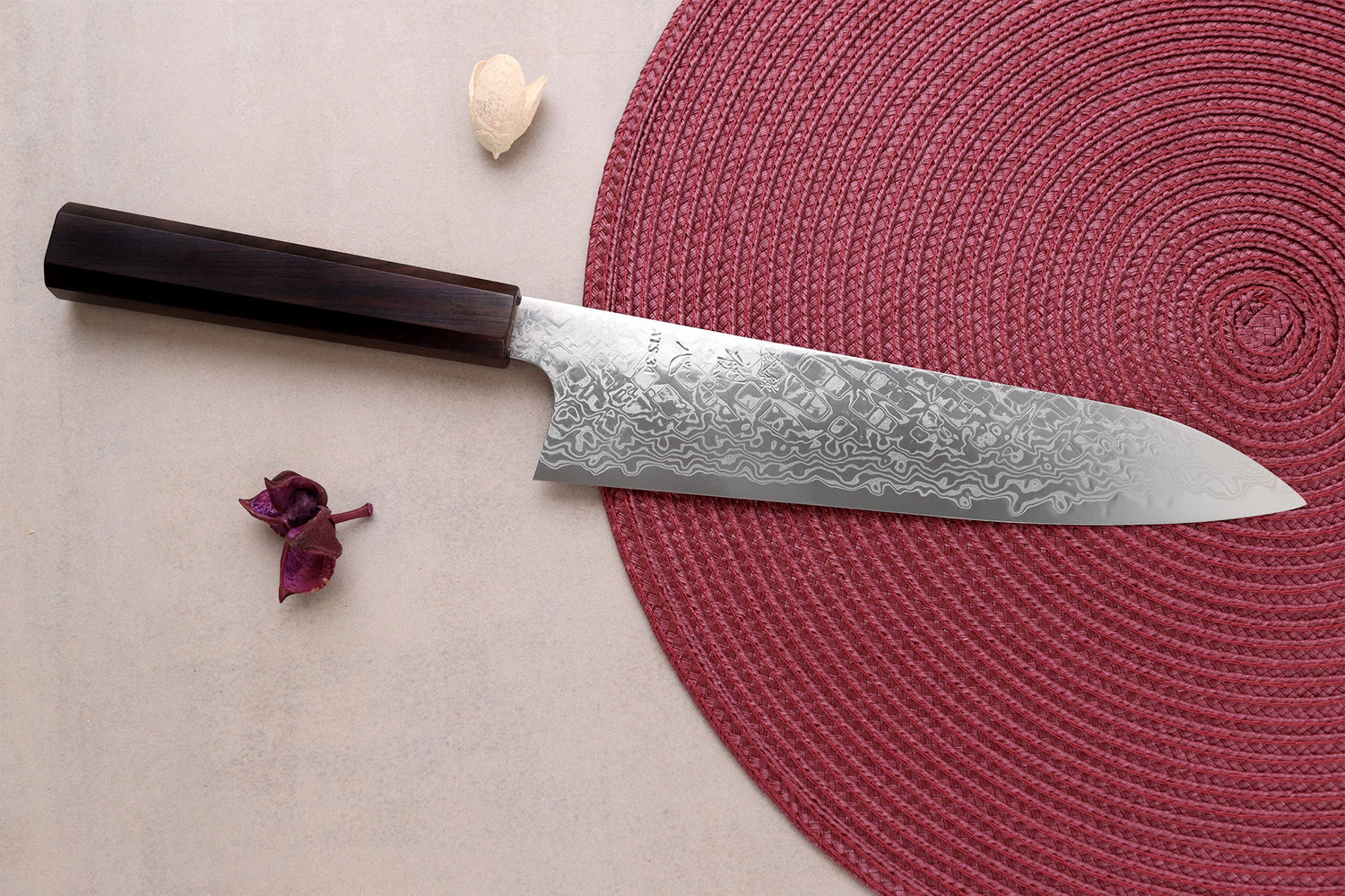 Couteau de chef 21cm japonais artisanal Hatsukokoro Ginga ATS-34 Damas ébène