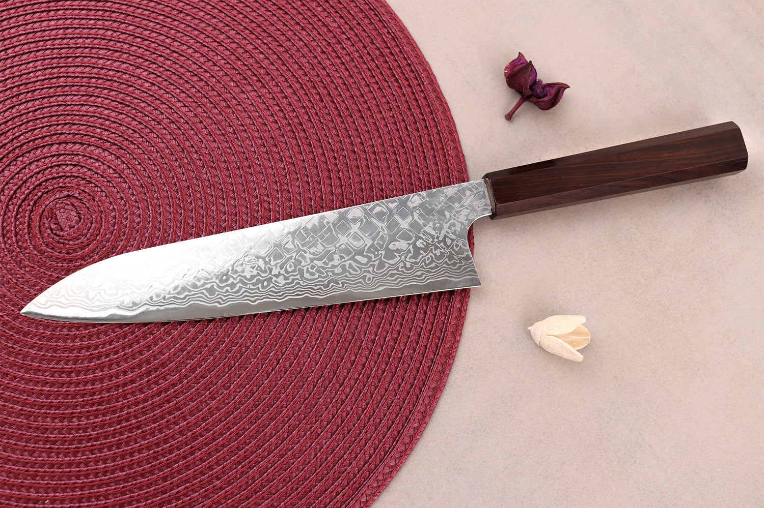 Couteau de chef 21cm japonais artisanal Hatsukokoro Ginga ATS-34 Damas ébène