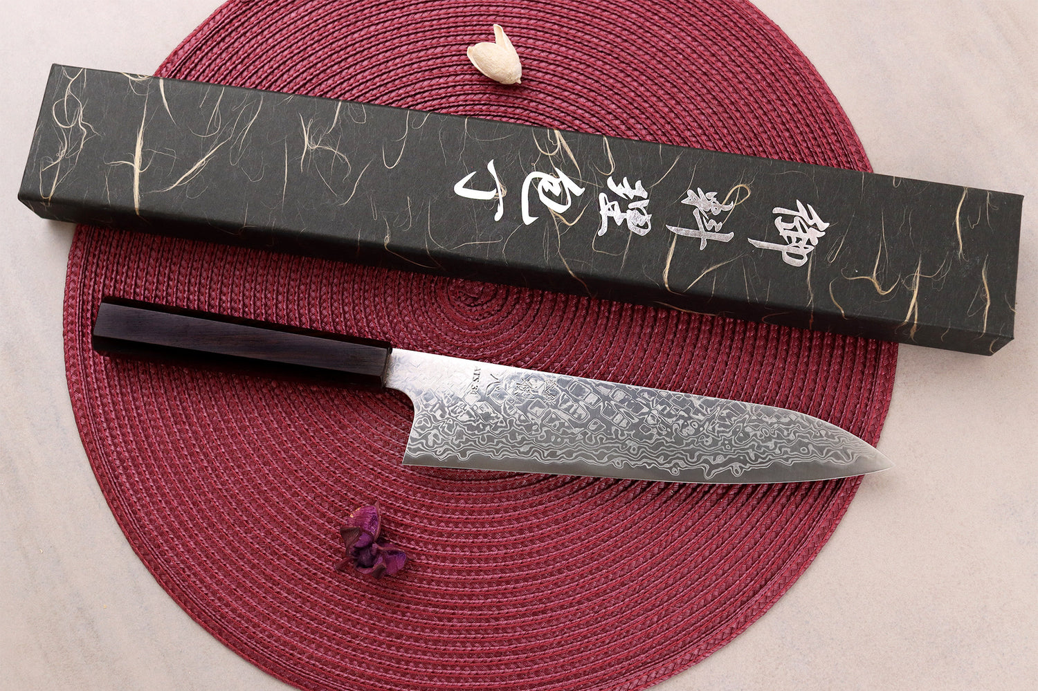 Couteau de chef 21cm japonais artisanal Hatsukokoro Ginga ATS-34 Damas ébène