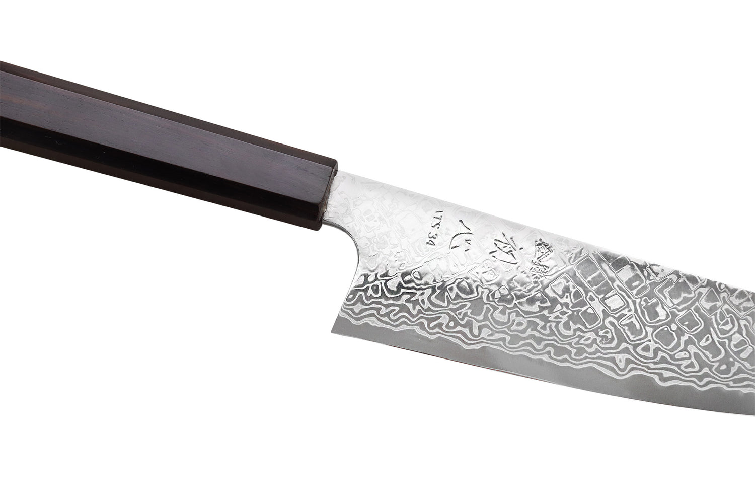 Couteau santoku 18cm japonais artisanal Hatsukokoro Ginga ATS-34 Damas ébène