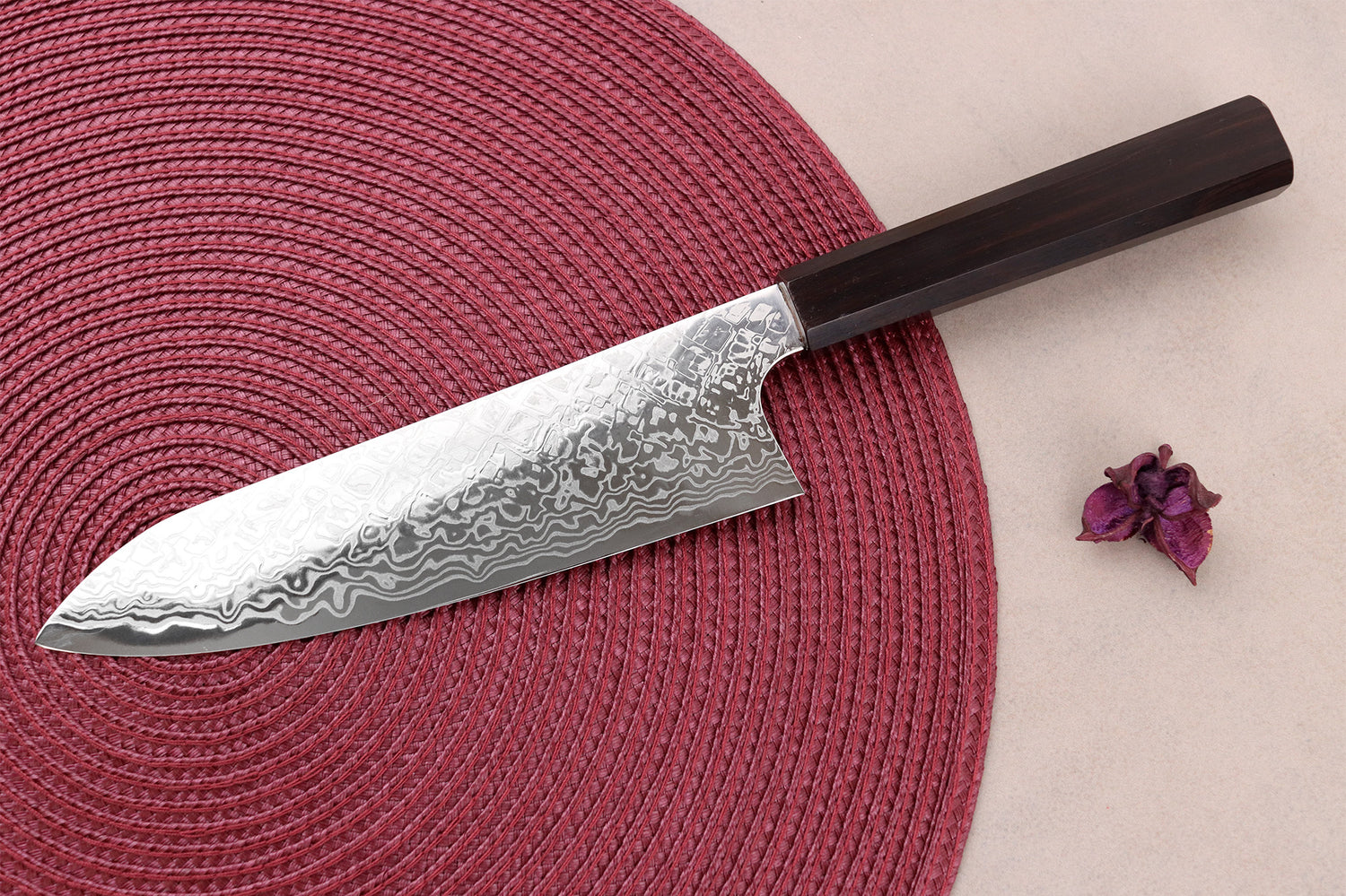 Couteau santoku 18cm japonais artisanal Hatsukokoro Ginga ATS-34 Damas ébène