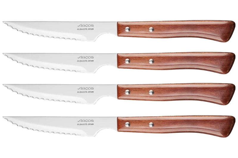 Coffret de 4 couteaux à steak/pizza Arcos lame dentelée 11cm manche en bois de hêtre compressé