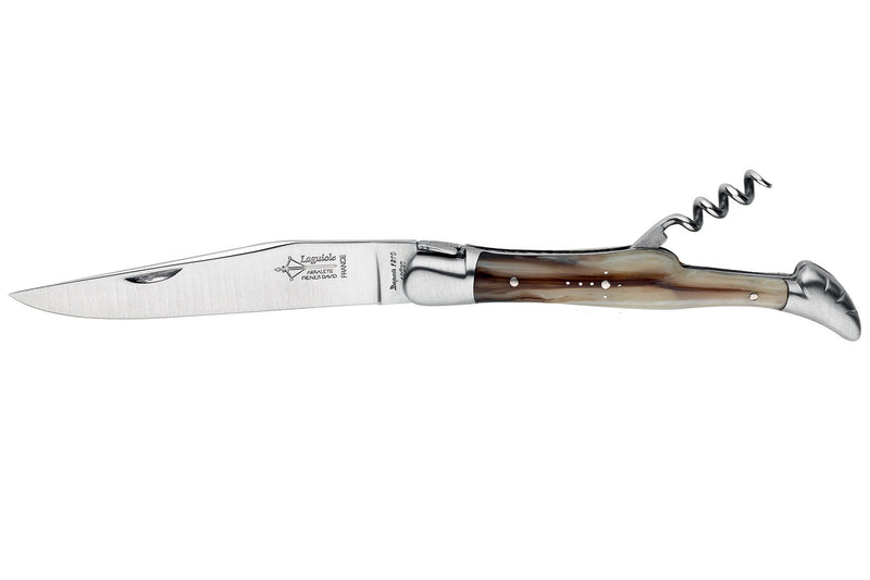 Couteau Laguiole Arbalète G.David manche façon corne blonde 12cm avec tire bouchon intégré