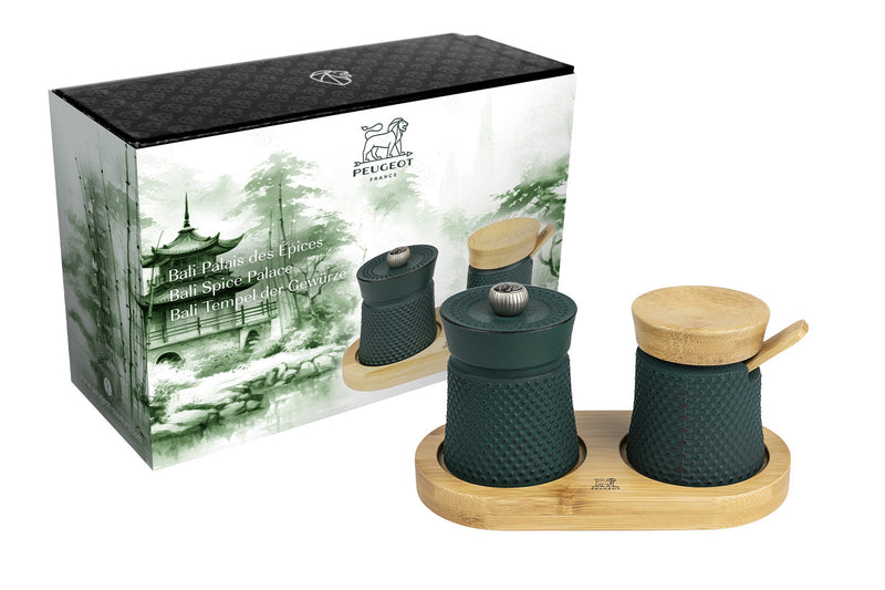 Coffret Peugeot Bali Palais des Epices avec moulin à poivre et pot à sel en fonte vert