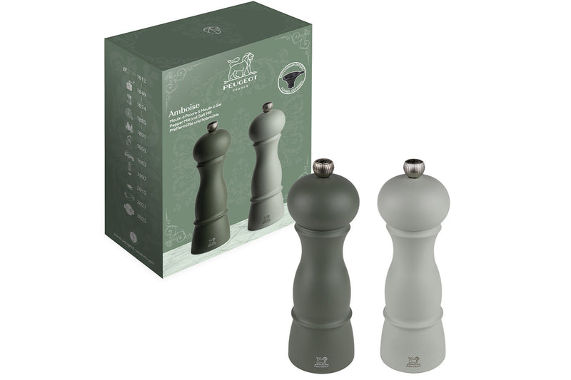 Coffret duo moulin à sel et poivre Peugeot Amboise en bois de hêtre vert fougère + sauge 18cm