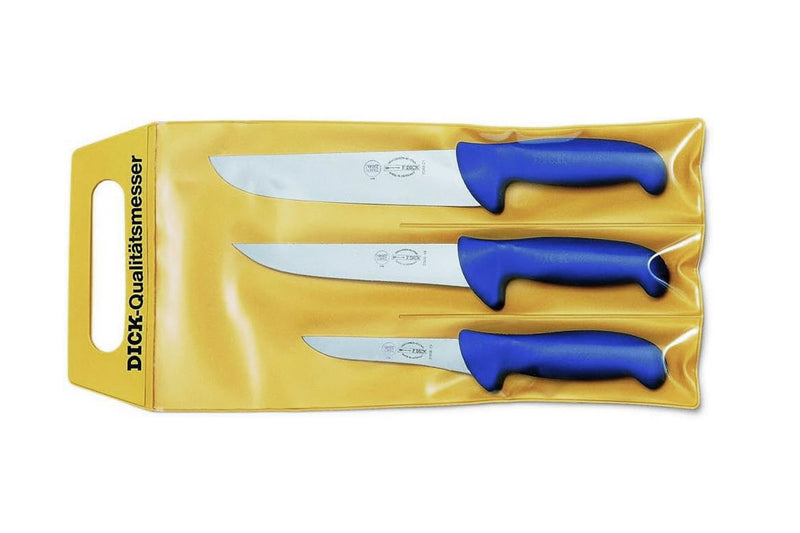 Pochette de 3 couteaux de boucher bleus DICK ERGOGRIP désosseur+saigner+boucher