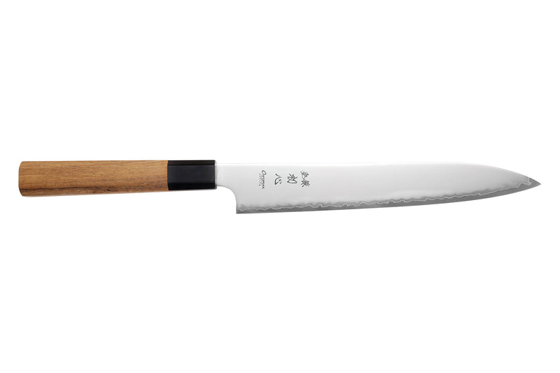 Couteau sujihiki 23cm japonais artisanal Hatsukokoro Chromax manche en teck
