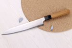 Couteau sujihiki 23cm japonais artisanal Hatsukokoro Chromax manche en teck