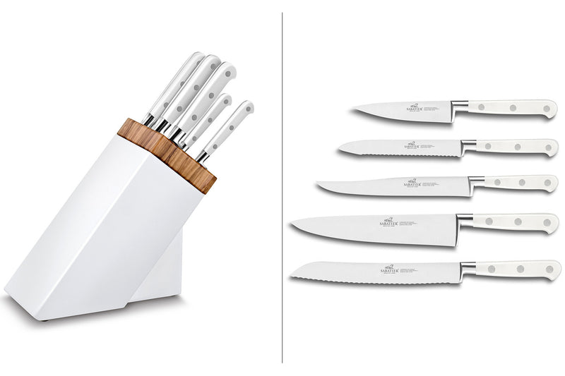 Bloc Sabatier blanc et olivier 5 couteaux forgés Toque Blanche