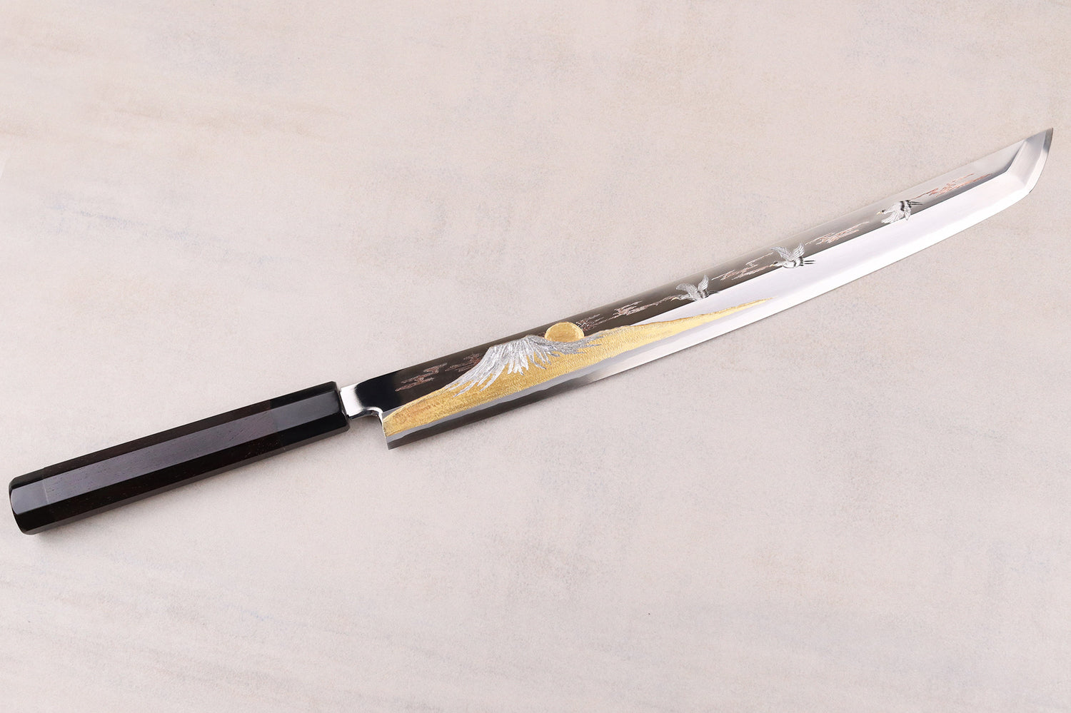 Couteau sakimaru takohiki 39cm japonais artisanal Sakai Takayuki Zangetsu Mont Fuji et Grues + saya