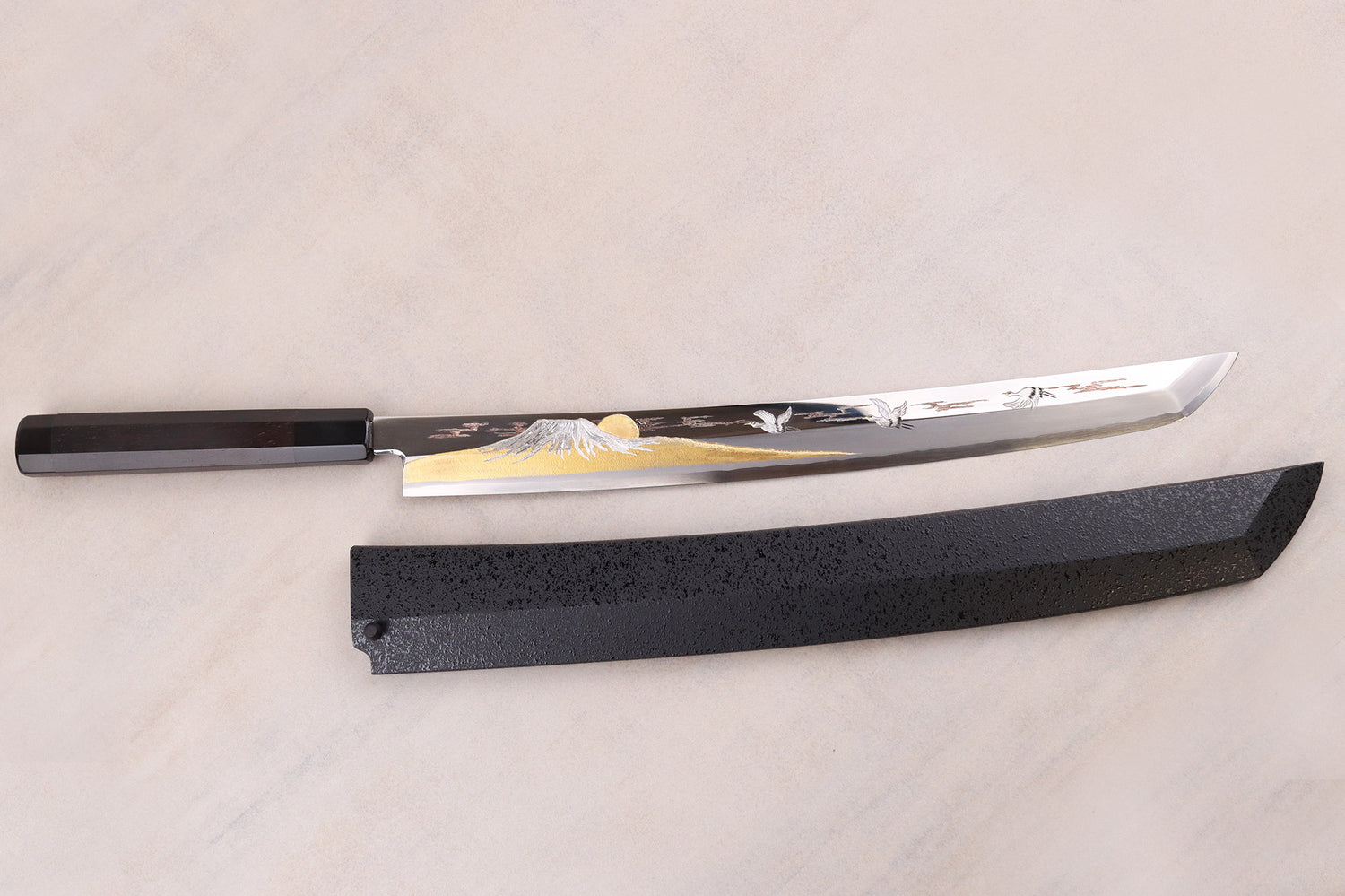 Couteau sakimaru takohiki 39cm japonais artisanal Sakai Takayuki Zangetsu Mont Fuji et Grues + saya