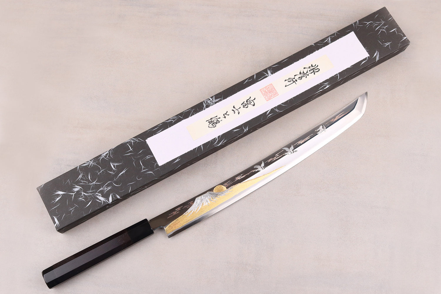 Couteau sakimaru takohiki 39cm japonais artisanal Sakai Takayuki Zangetsu Mont Fuji et Grues + saya