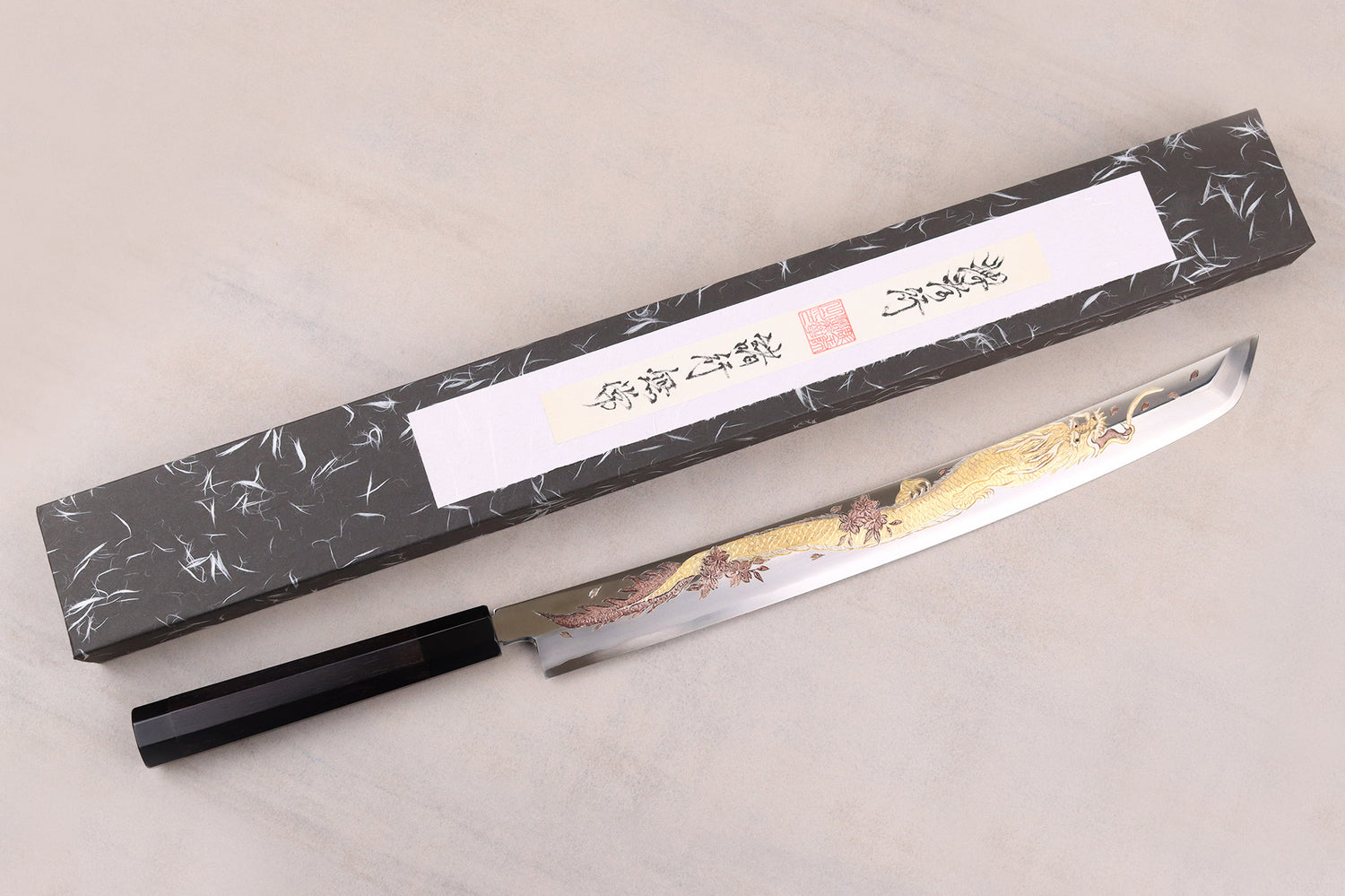 Couteau sakimaru takohiki 39cm japonais artisanal Sakai Takayuki Zangetsu Shogyō Mujō + saya