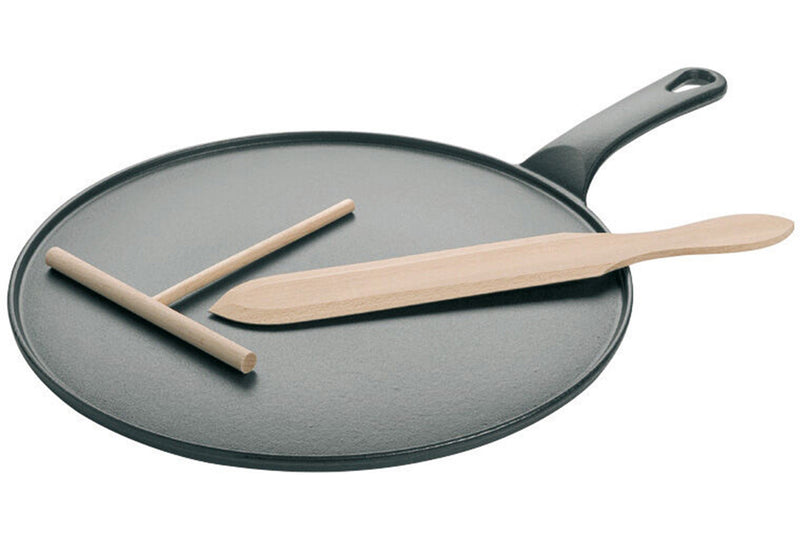 Crêpière en fonte noire 30cm + spatule et râteau en hêtre