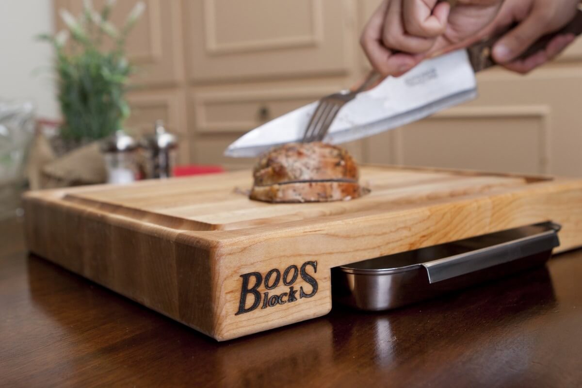 Planche Boos Blocks Prep Masters bois d'érable + plateau acier 46x46x6cm