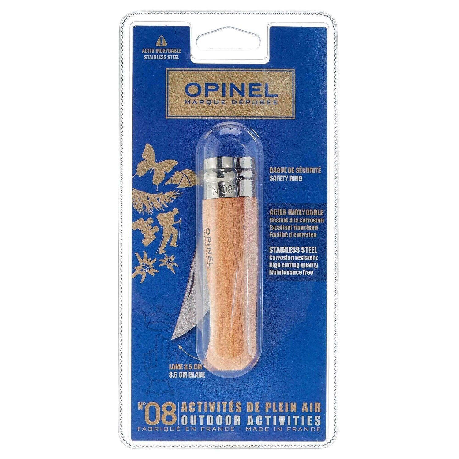 Couteau opinel traditionnel n°8 lame 8.5cm virole tournante manche en hêtre